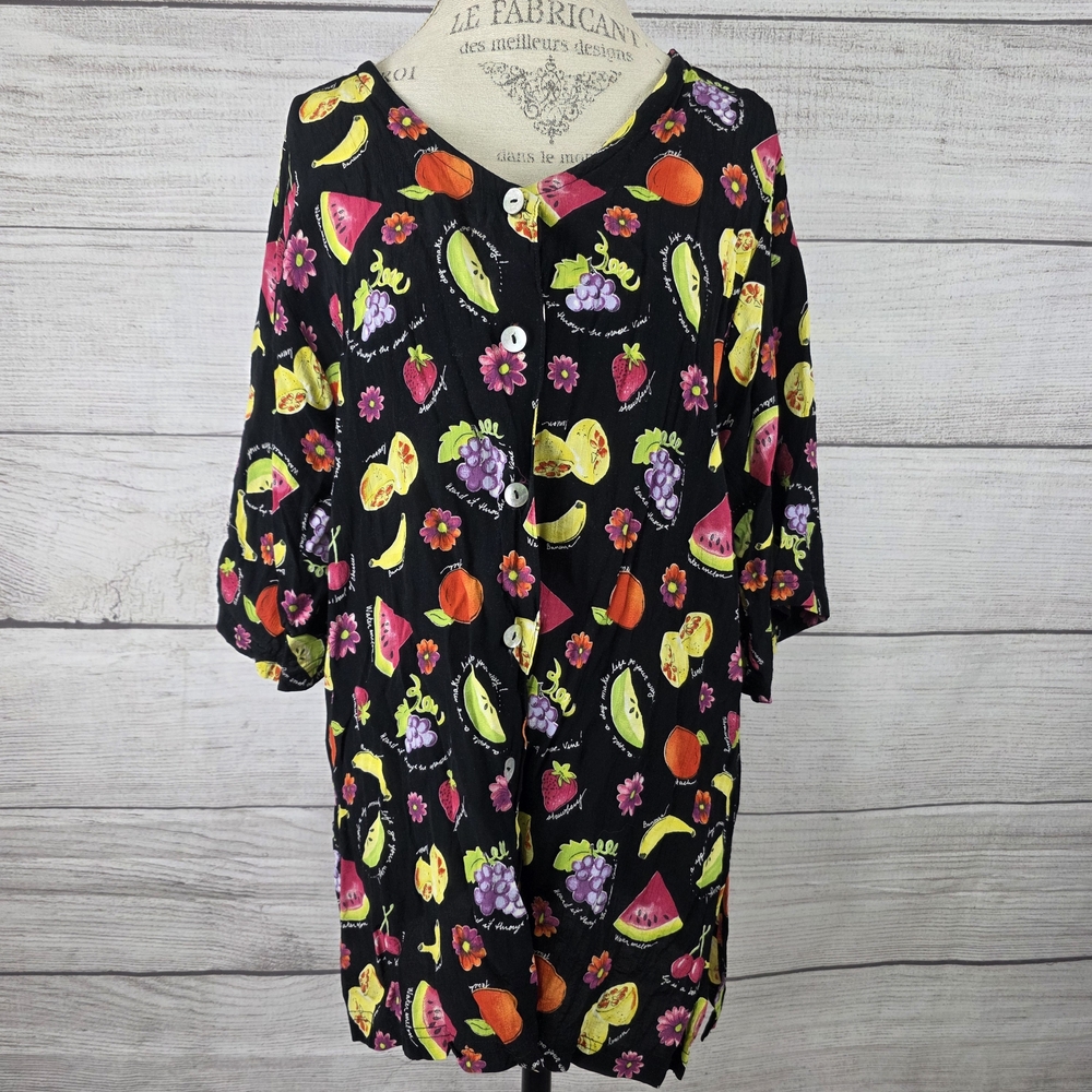 Suziko By Jessica Vintage Fruit Print Button-Up Long Sleeve Blouse
